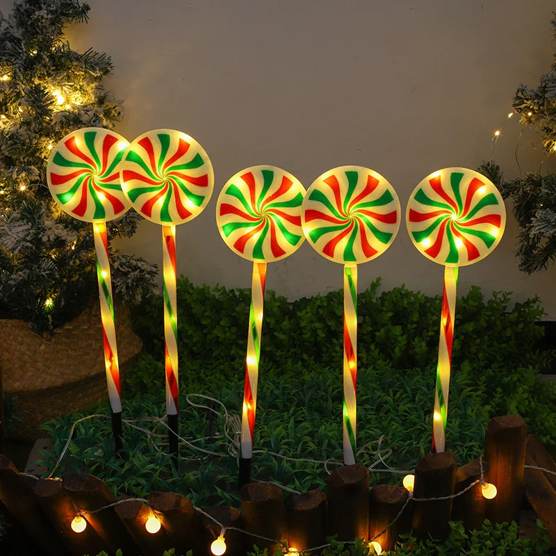 Christmas Solar Pathway Lights Candy Cane Stake Lights 5PC Holiday Decorations Lollipops Shape Lawn Light Waterproof Outdoor