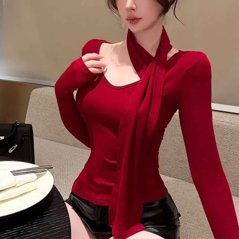 الملابس النسائية خمر الشريط الأحمر البلوفرات المألوف ضمادة الخريف جديد هالة الخامس الرقبة Hotsweet سليم بلون الأساسية تي شيرت #4