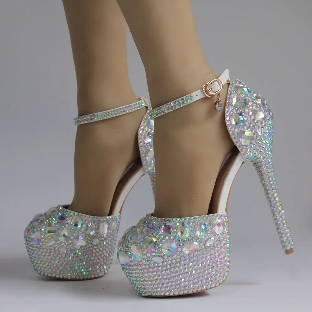 Spring and summer round toe hollow rhinestone waterproof table wedding shoes banquet large size thin high-heeled women's sandals