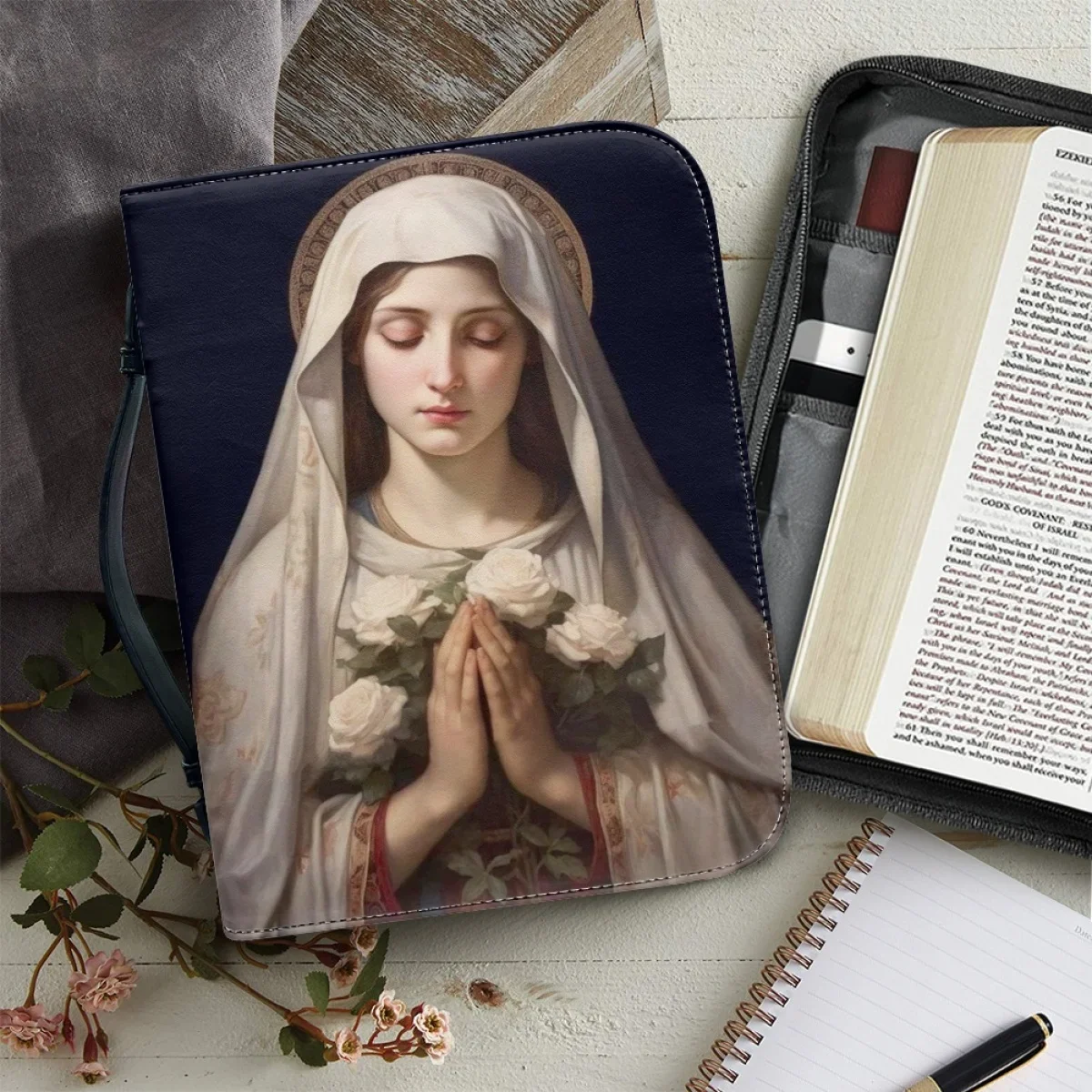 

PU Leather Handbags for Women Fashion New Virgin Mary Pattern Print Bible Bag Christianity Bible Study Book Holy Storage Boxes