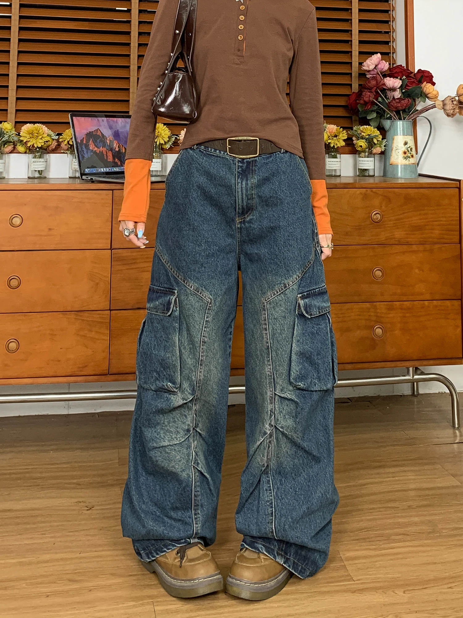 

Ретро-джинсы из утолщенного хлопка в винтажном стиле, повседневные свободные джинсы из чистого хлопка для женщин