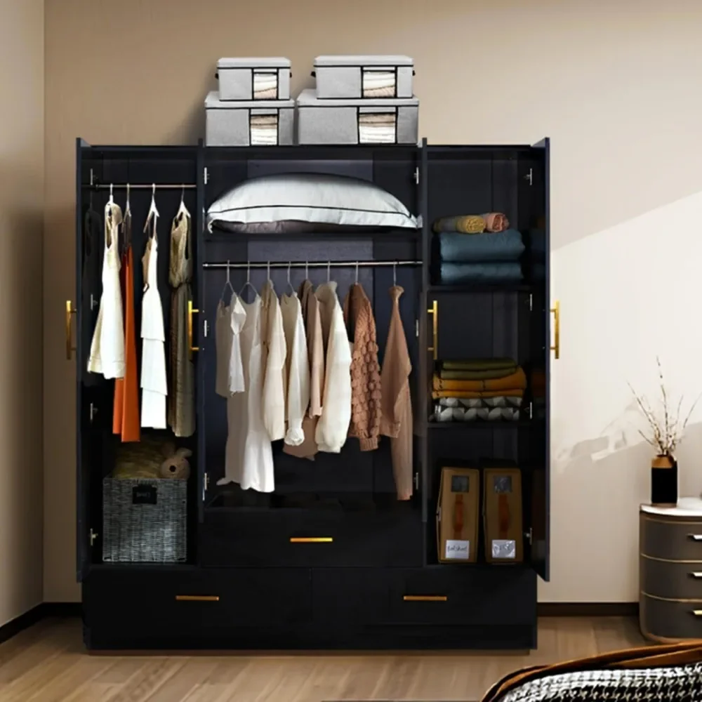 Wardrobe: Wooden Wardrobe Organizer with Drawers, Hangers, Mirrors, and High-capacity Storage Cabinet Racks in The Bedroom