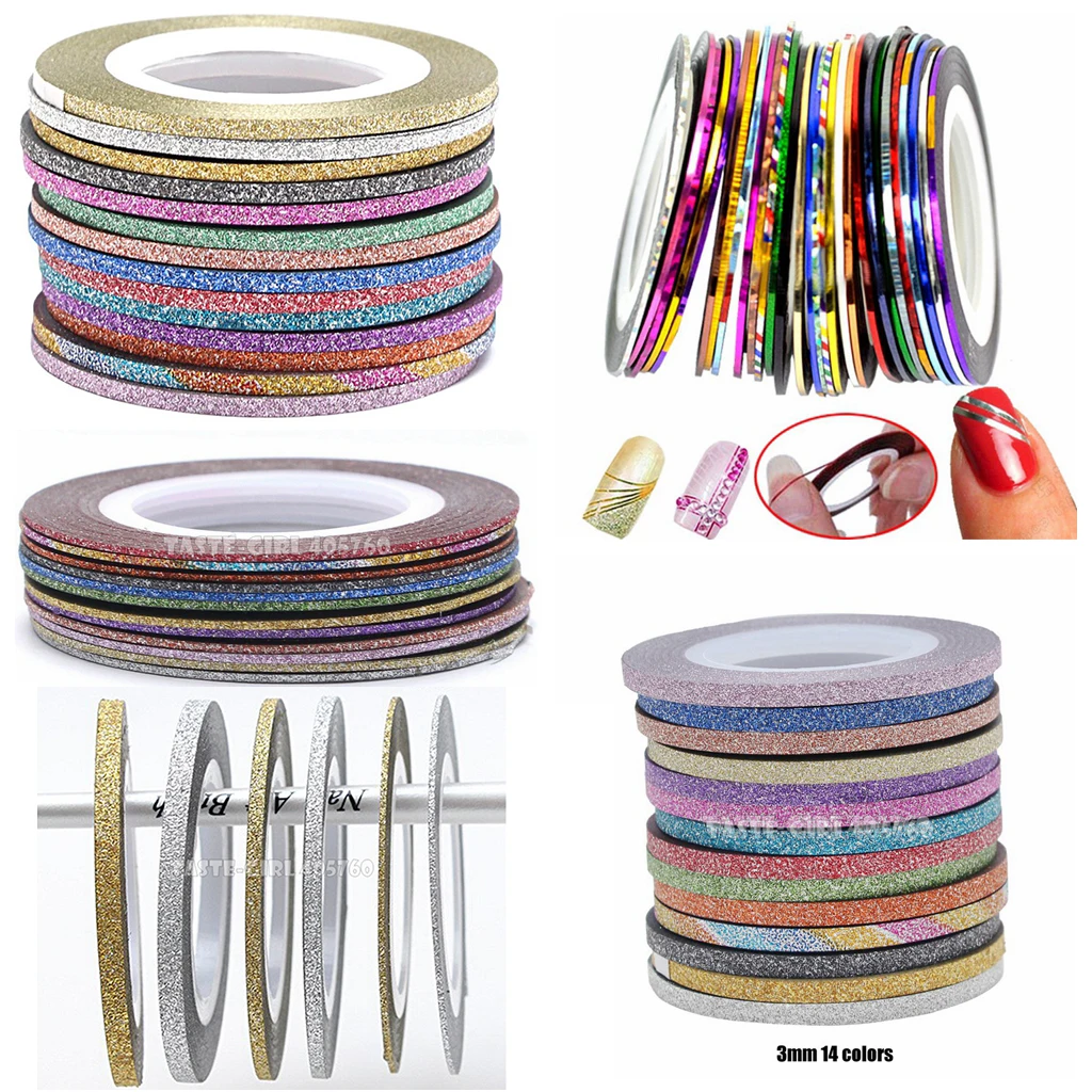 6/14/30 Colors 1mm-3mm Gold Silver Matte Glossy Texture Nail Art Striping Line Adhesive Sticky Tape Metallic Yarn Sticker Decals