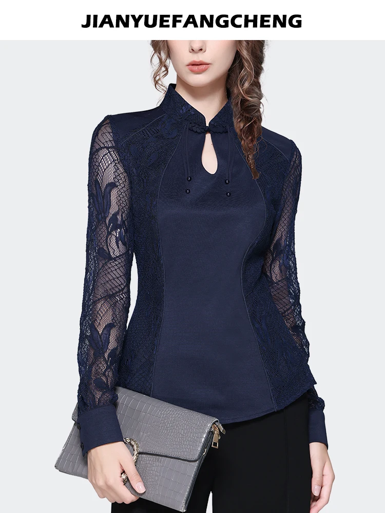 Vintage Chinese Style Satin Lace Blouse Women 2023 Autumn New Long Sleeve Stand Collar Top Hook Flower Hollow Elegant Slim Shirt