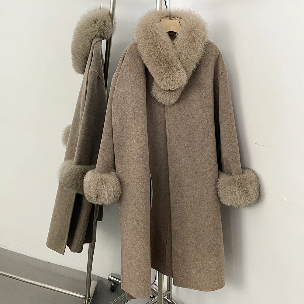 معطف صوفي متوسط الطول للنساء من الصوف لعام 100% قابل للفصل وياقة من فرو الثعلب الحقيقي للسيدات برباط على الوجهين ملابس خارجية من الصوف #2