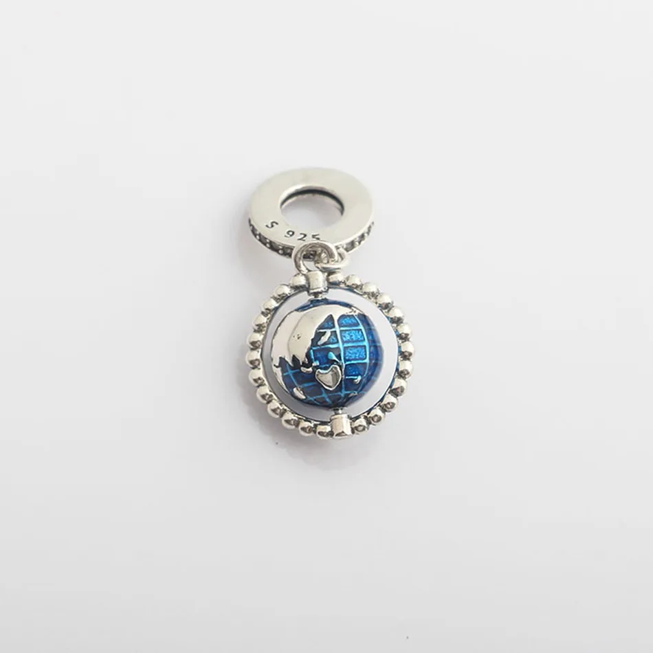 Authentic S925 Sterling Silver Enamel Spinning Globe With Crystal Dangle Charm Bead Fit Women Bracelet Bangle Jewelry