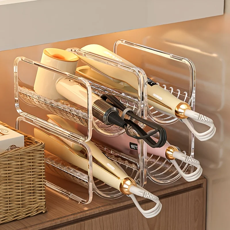 1 Curling Iron Storage Rack, Hair Dryer Storage Box, Curling Wand Organizer, Item Storage Rack, Hair Straightener Comb Organizer, Flat Iron Storage Rack, Stackable Design, Countertop Style, Transparent Acrylic, Suitable for Bathroom, Countertop, Dressing Table, Washbasin, Toilet, Entryway, Practical Storage Rack