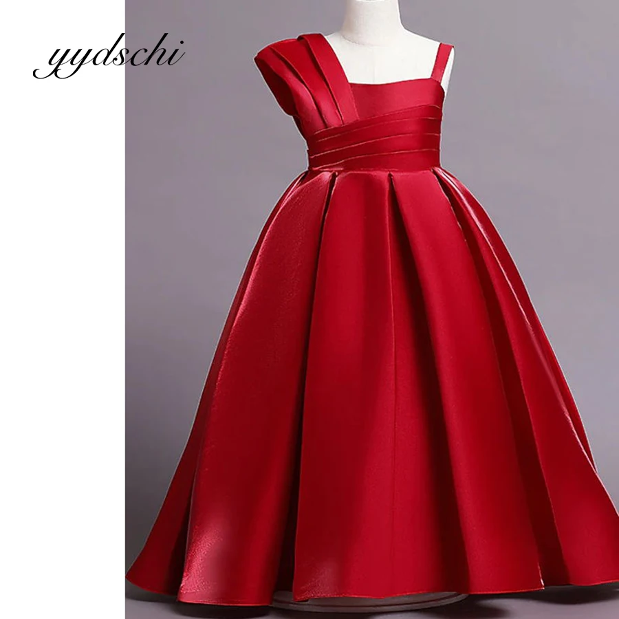 

Red Flower Girls Dresses Elegant Princess Satin Ball Gown For Kids Birthday Party Dress Ruffle Sleeve Sling Floor Length Dress