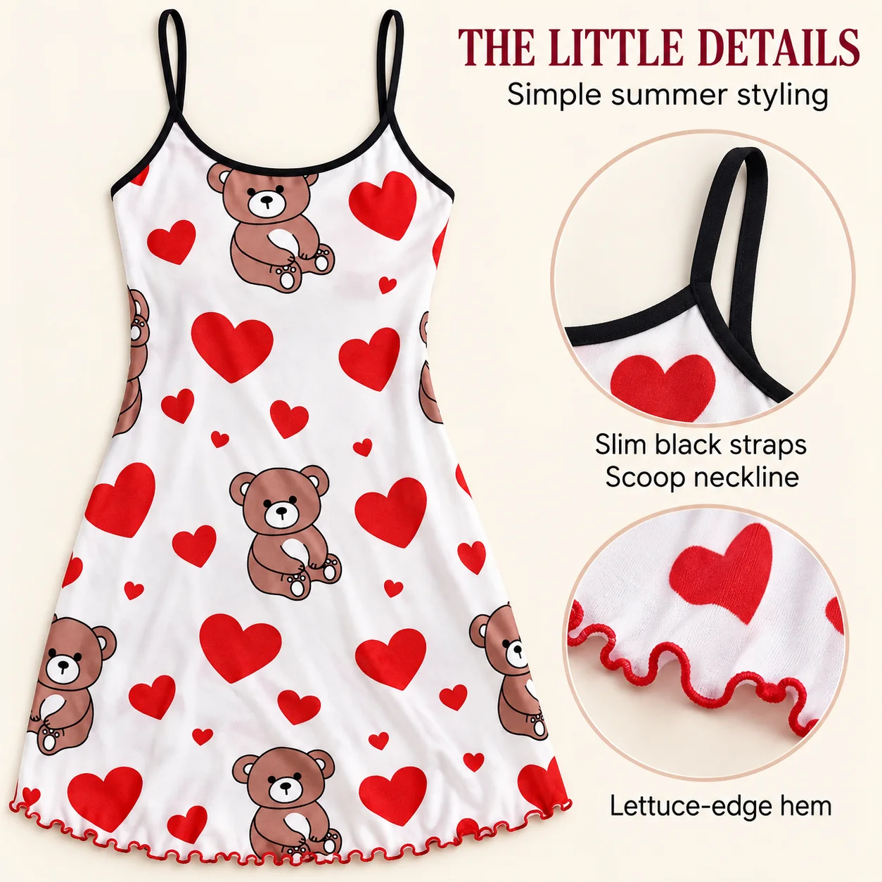Women's Summer Teddy Bear Heart Print Mini Nightgown Sleeveless Spaghetti Strap Knit Sleep Dress in 3 Styles S to XL