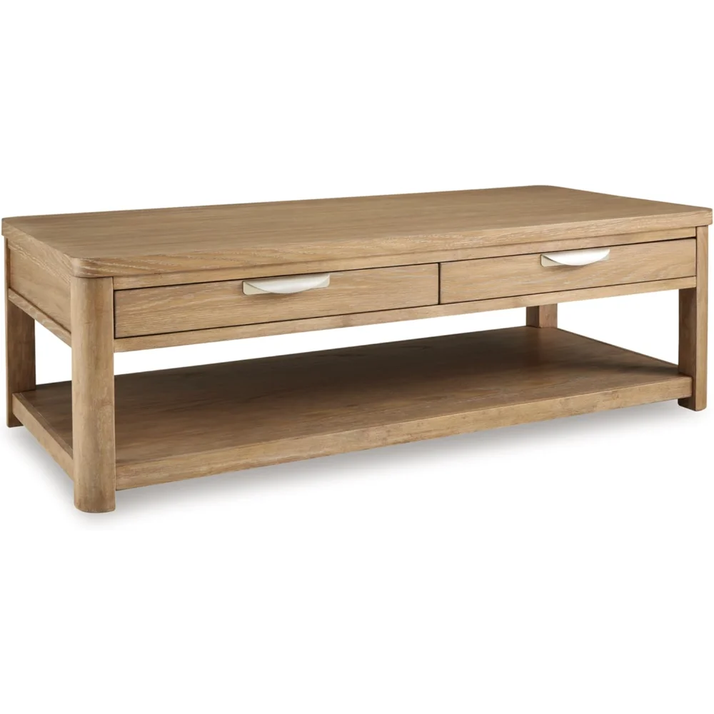 

SignatureDesignby Ashley RencottClassic 2-DrawerWire-Brushed CoffeeTable with 1 Lower Shelf,Casters and Shaped Posts,Light Brown