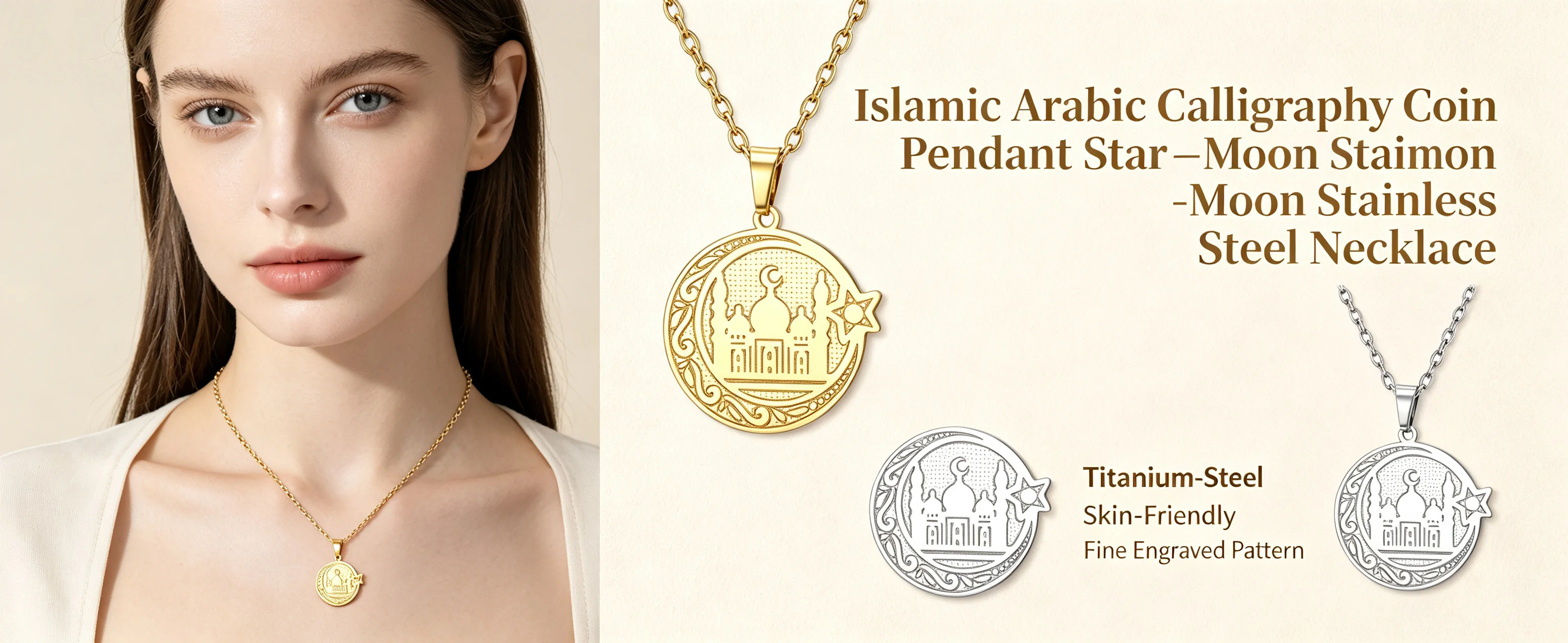 Kkjoy Islamischer Stern-Halbmond-Moschee-Halskette mit arabischer Schrift aus Edelstahl, religiöser ethnischer Schmuck, Geschenk für Männer und Frauen – Detail 1