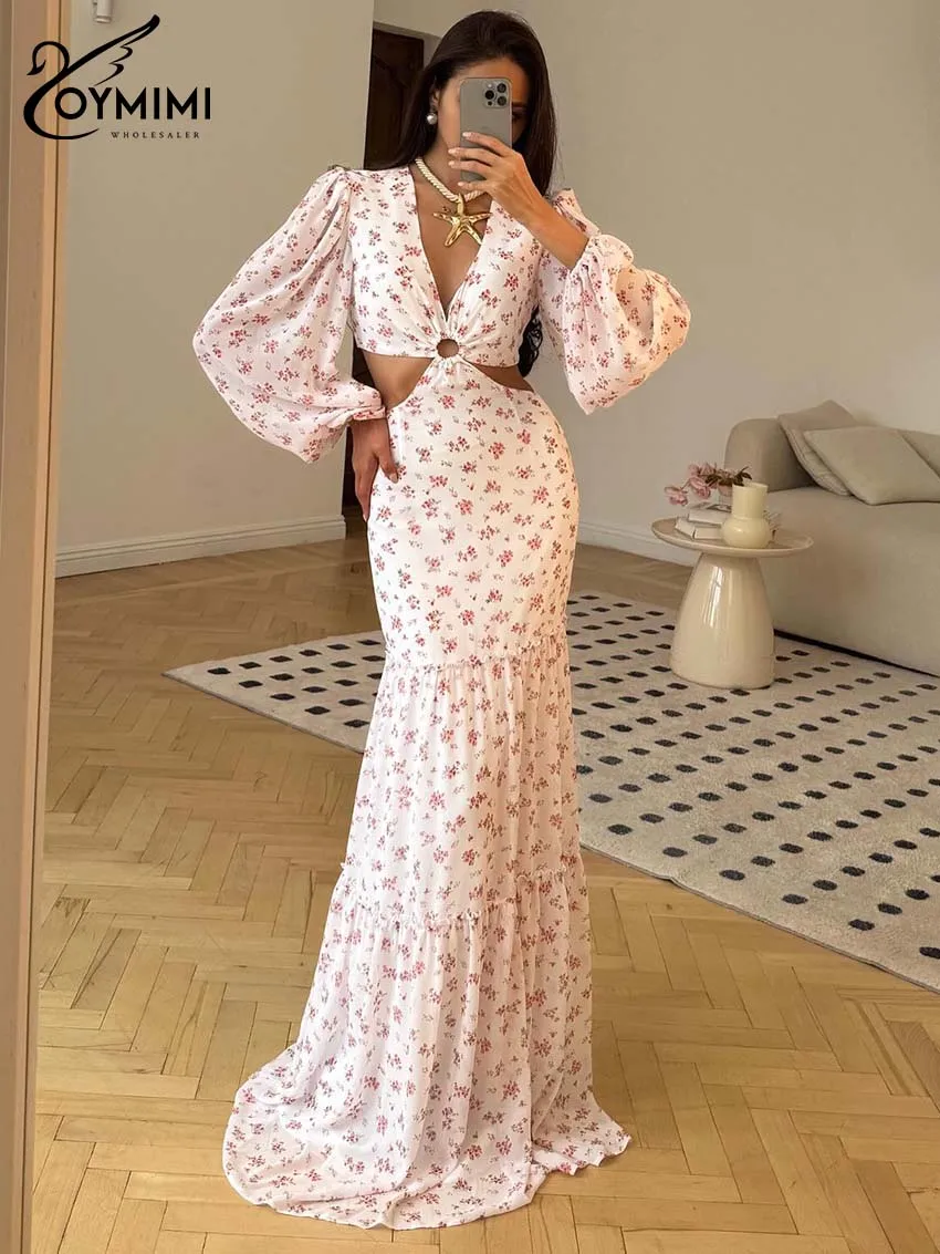 

Oymimi Fashion White Print Dresses For Woman Elegant Deep V-Neck Long Sleeve Hollow Out Dress Autumn Pleated Floor-Length Dress