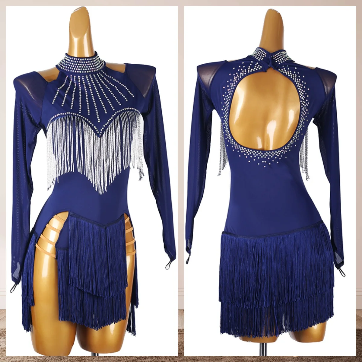 Nieuwe Latin dans franje jurken op maat sexy backless lange mouwen jurken tango chacha samba professionele prestaties kostuums