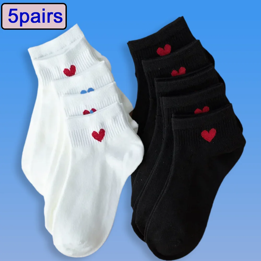 

5 Pairs Black White Ankle Socks Women Spring Summer Low Tube Cotton Boat Socks Cute "Love Heart" College JK Girls Socks