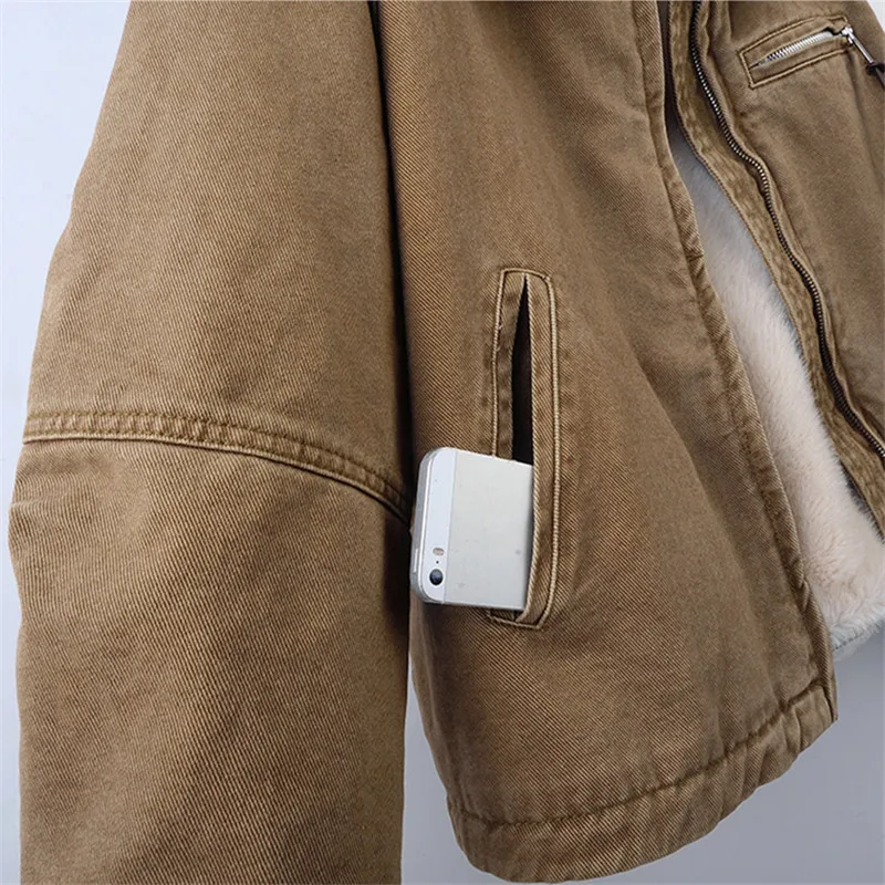 الشتاء سميكة الدافئة فو امبسوول بطانة قصيرة الدنيم معطف الكاكي القهوة اللون كاوبوي ملابس خارجية التلبيب كم طويل الجينز سترة معطف #4