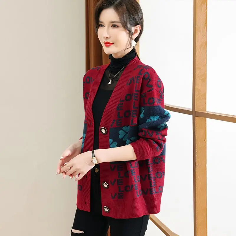 Letter Jacquard Sweater for Women 2023 Spring and Autumn New Slouchy Korean Version Loose Sleeve Knitted Cardigan Women\'s Coat