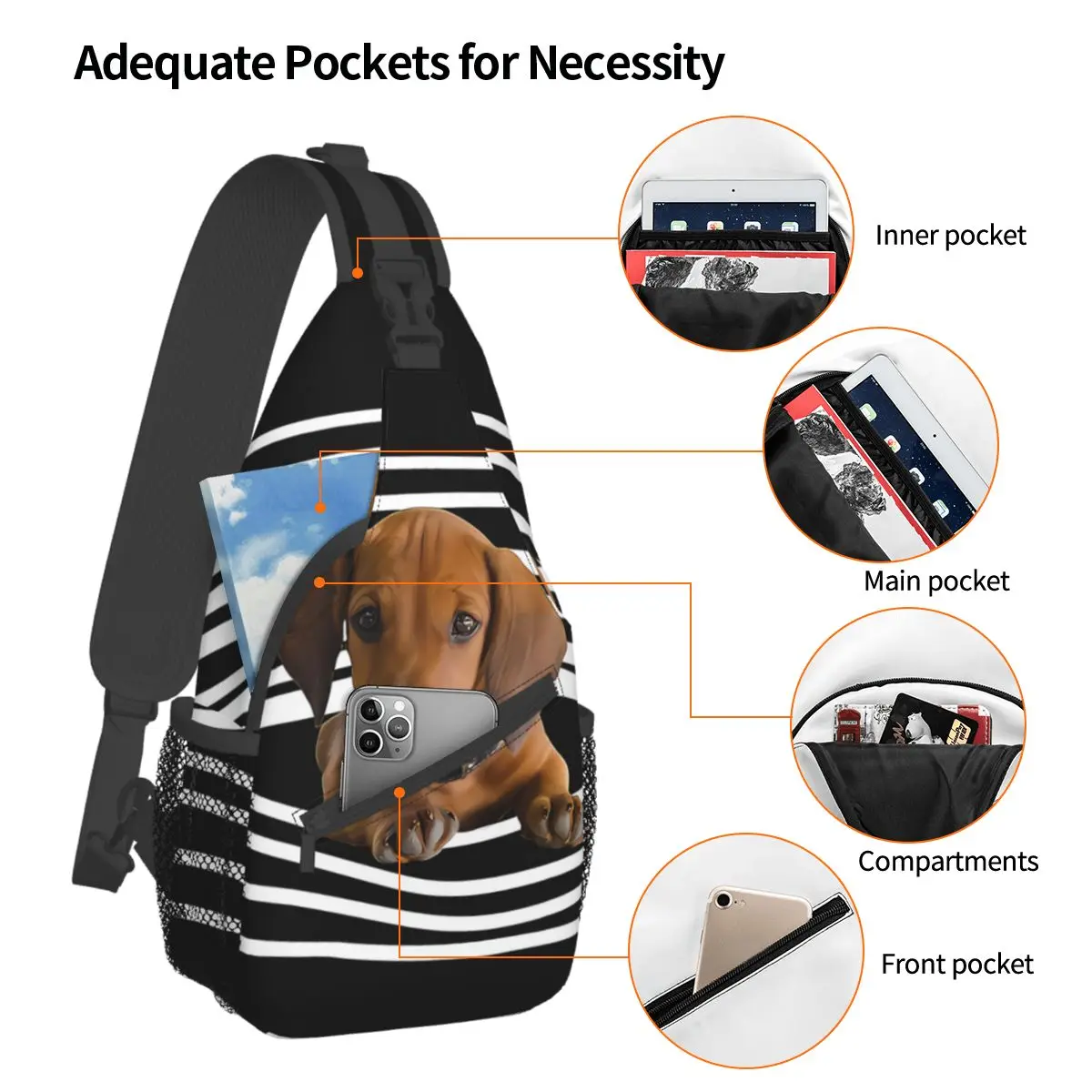 Stripes Crossbody Chest Bags Dachshund Pet Dog Pockets Travel Pack Messenger Sports Teens Shoulder Bag Unisex