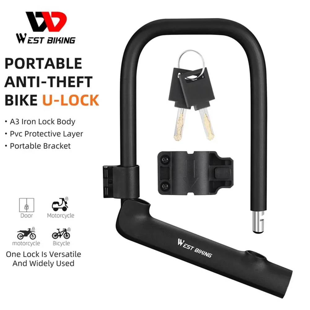 WEST BIKING Bicycle U Lock Motorcycle Scooter Padlock Anti-theft MTB Road Bike Lock Cycling Steel Security Bike Locks with 2 Key