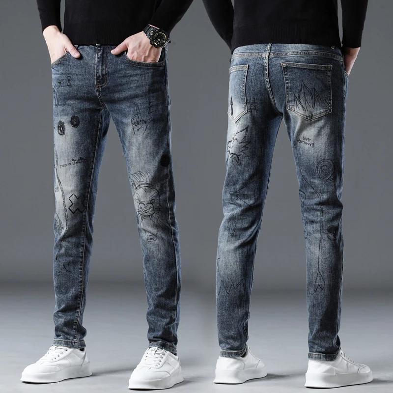 2024 autumn/winter irregular printed pattern jeans men's pants slim fit elastic small leg pants casual men's pants new style