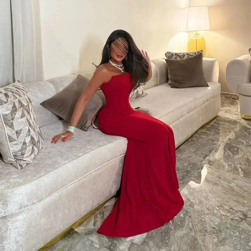 

Red Strapless Party Long Bespoke Occasion Gown Evening Dresses Prom Pastrol Unisex Jersey Retro Dubai Saudi Arabic Customized