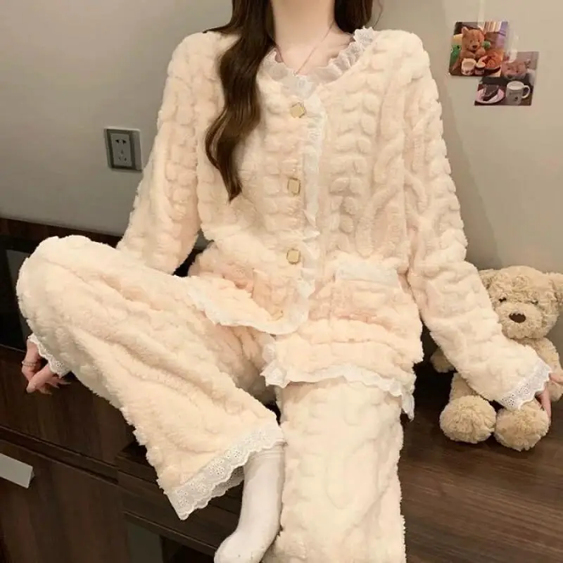 

Autumn Winter Coral Fleece Lace Pajama Set Girl's Homewear Nightgown Women's Thickened Homewear Loungewear Keep Warm Outerwear