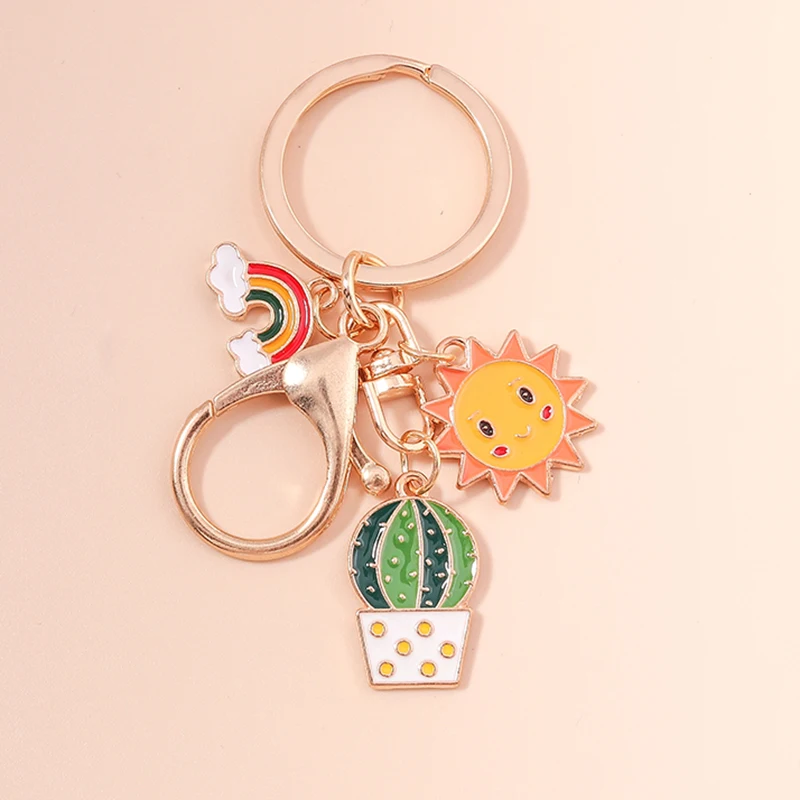 Cute Rainbow Keychains Enamel Plant Cactus Sun Charms Keyrings Souvenir Gifts for Women Men Car Key Handbag Pendants Key Chains