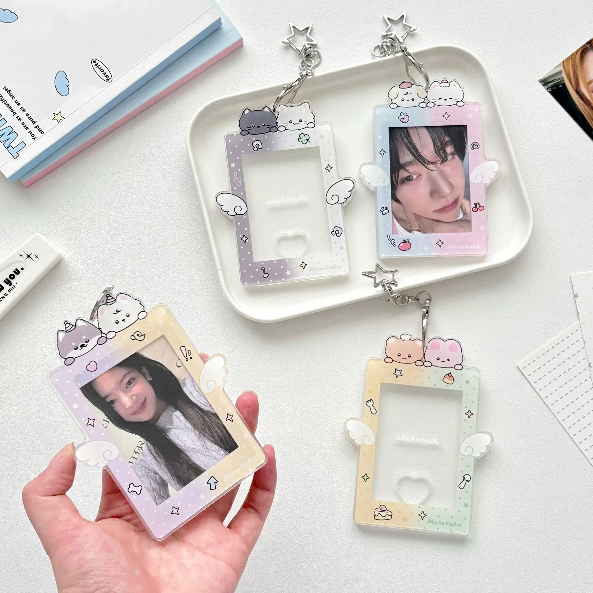 Acrylic Puppy Angel Wings Photocard Holder Keychain Photo Card Holders 2.2x3.1 Inch ID Bus Card Super Idol Gradient Card Holder