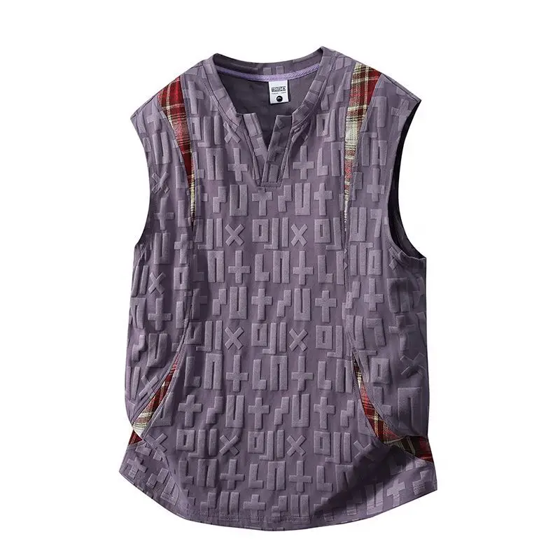 Men's Sleeveless Tank Top with Geometric Embossed Pattern and Plaid Shoulder Straps V Neck Casual Summer Vest
