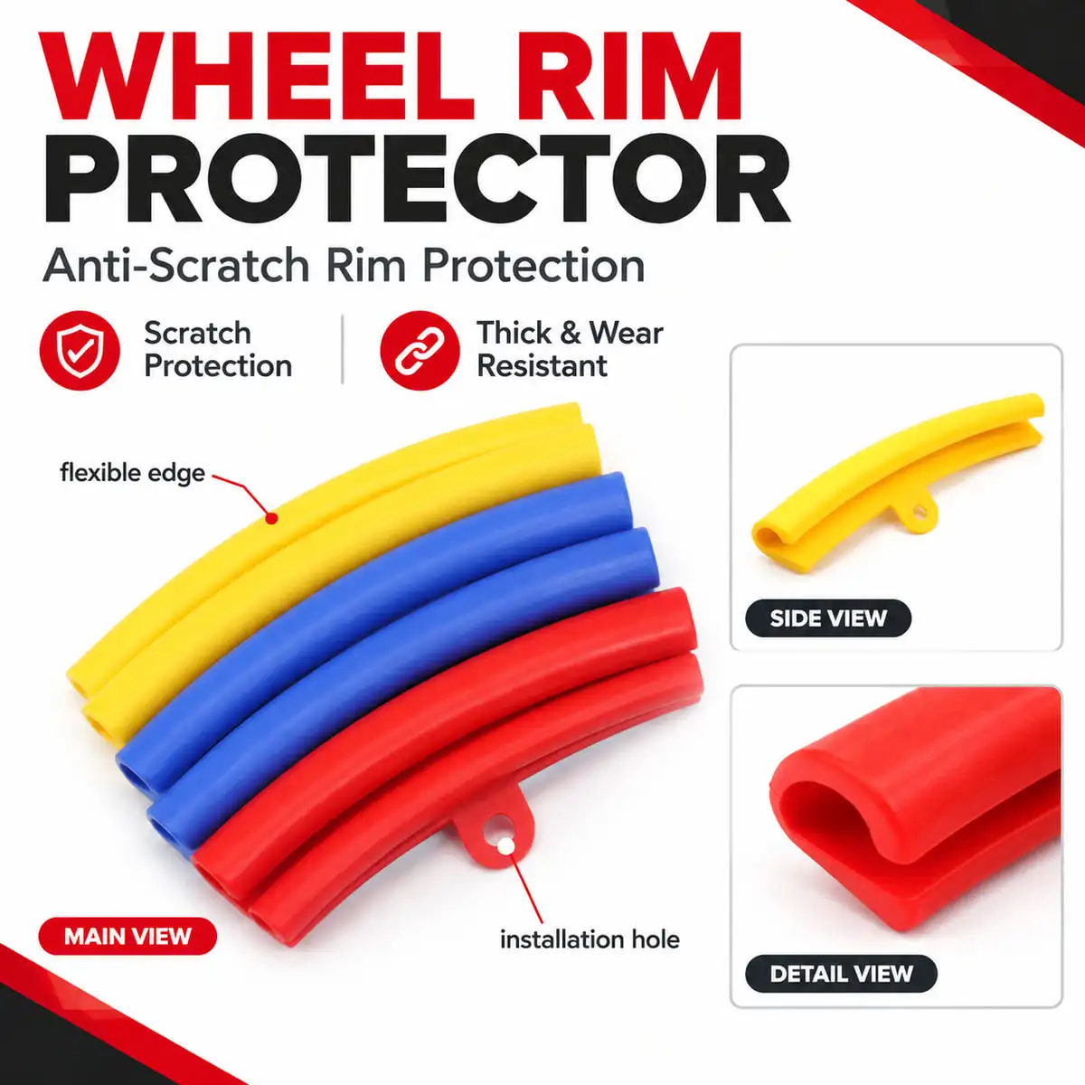PINMOAP Wheel Rim Protector Strip Rim Edge Guard Anti Scratch Impact Buffer Thick Wear Resistant Red Blue Yellow 1/3/5PCS