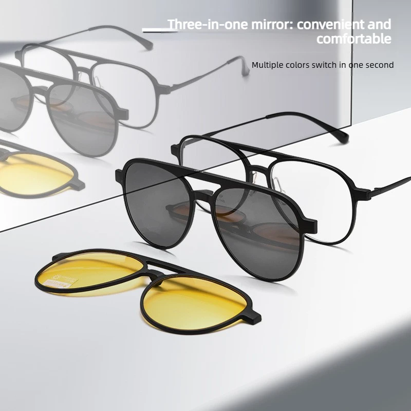Double Bridge Large Frame Magnetic Polarized Sunglasses 2026 Men Titanium Myopia Pilot Driving Night Vision Sunglasses UV400