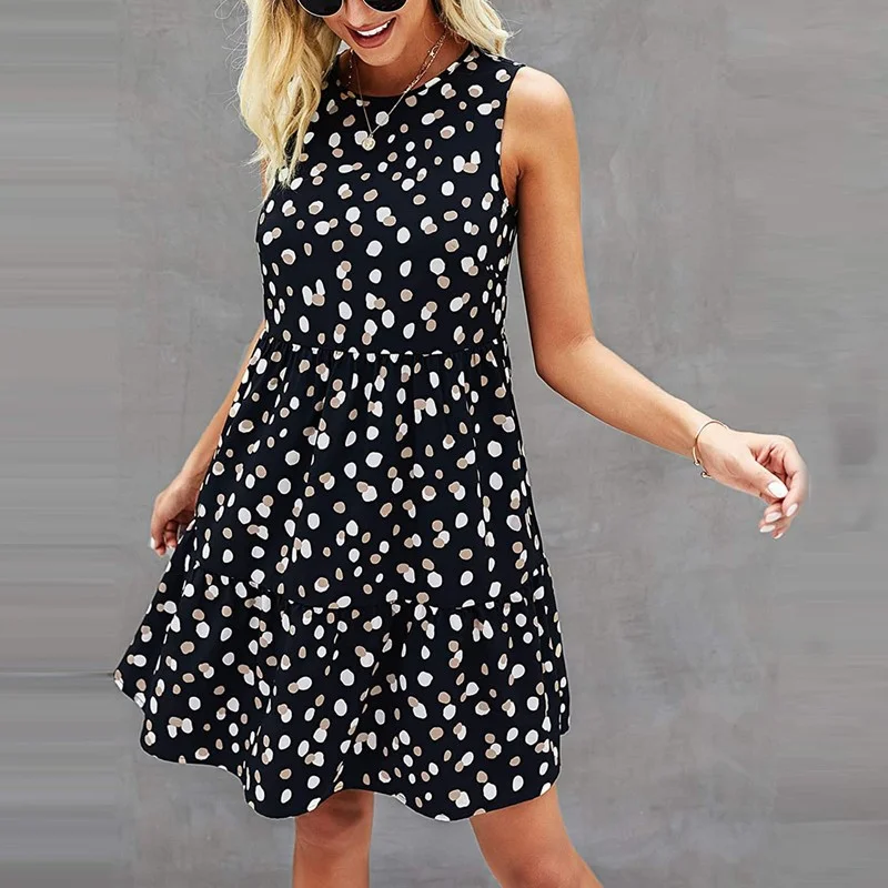 

Women Polka Dot Print Tank Dress Summer Casual O-Neck Sleeveless Dresses Loose Mini Dresses Ladies Beach Party Dress Vestidos