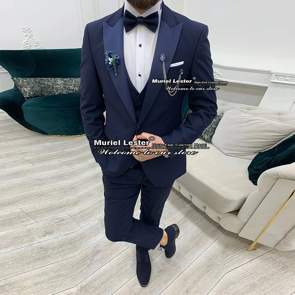 

Spring/Autumn Navy Men Suits Slim Fit Satin Lapel Jacket+Vest+Pants 3 Pieces England Style Business Office Woek Wedding Tuxedo