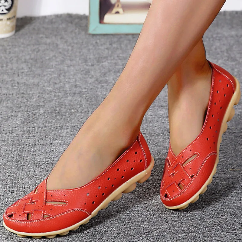 Mocassins deslizantes de couro macio para mulheres, sapatos casuais, mocassins de respiro, sapatos de enfermagem, verão