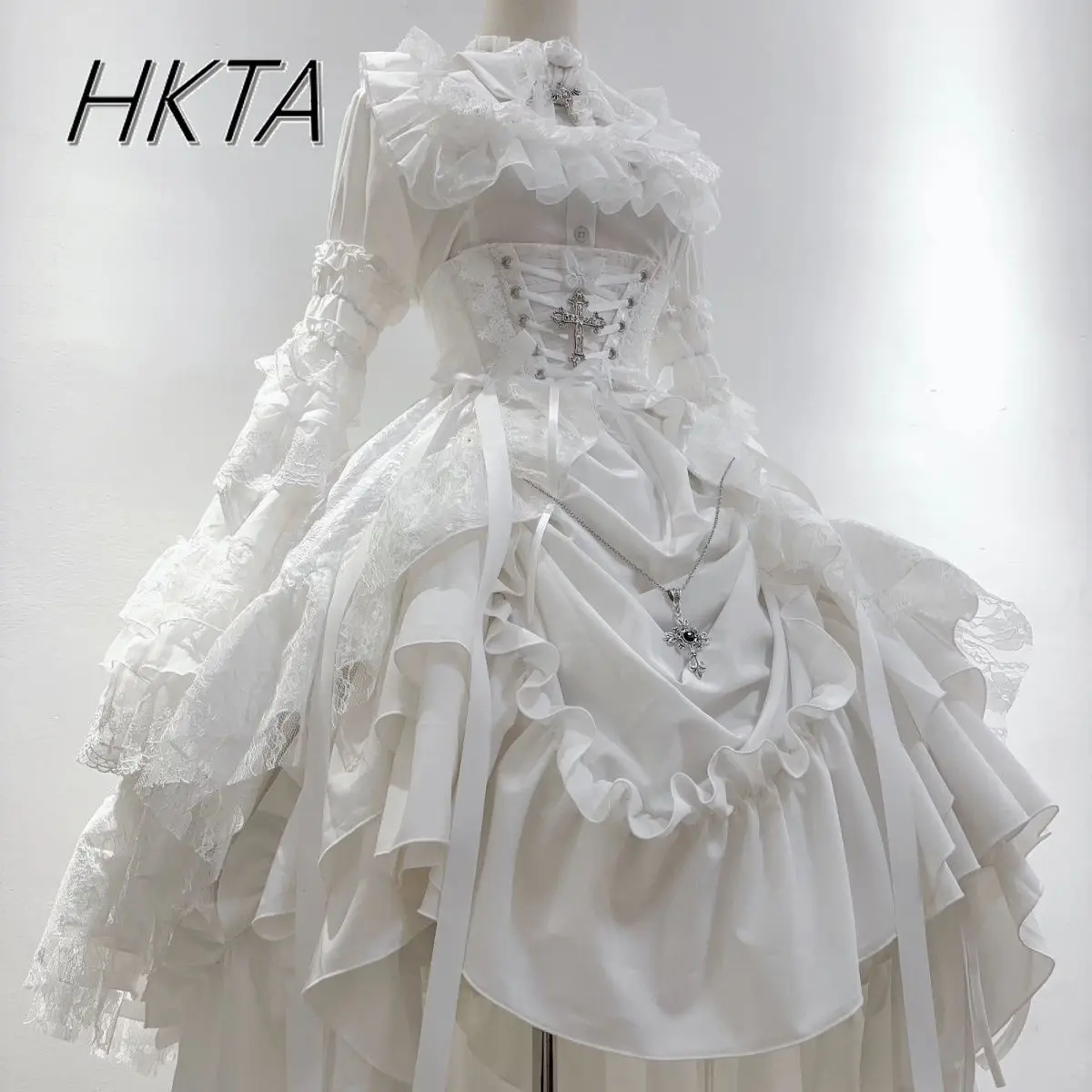 Gorgeous Gothic Style Sleeves High Waist Shirts Slim Fit Pleated White Long Skirts Women Lace Bow Lolita Y2k Skirt 3 Piece Sets - Image 2