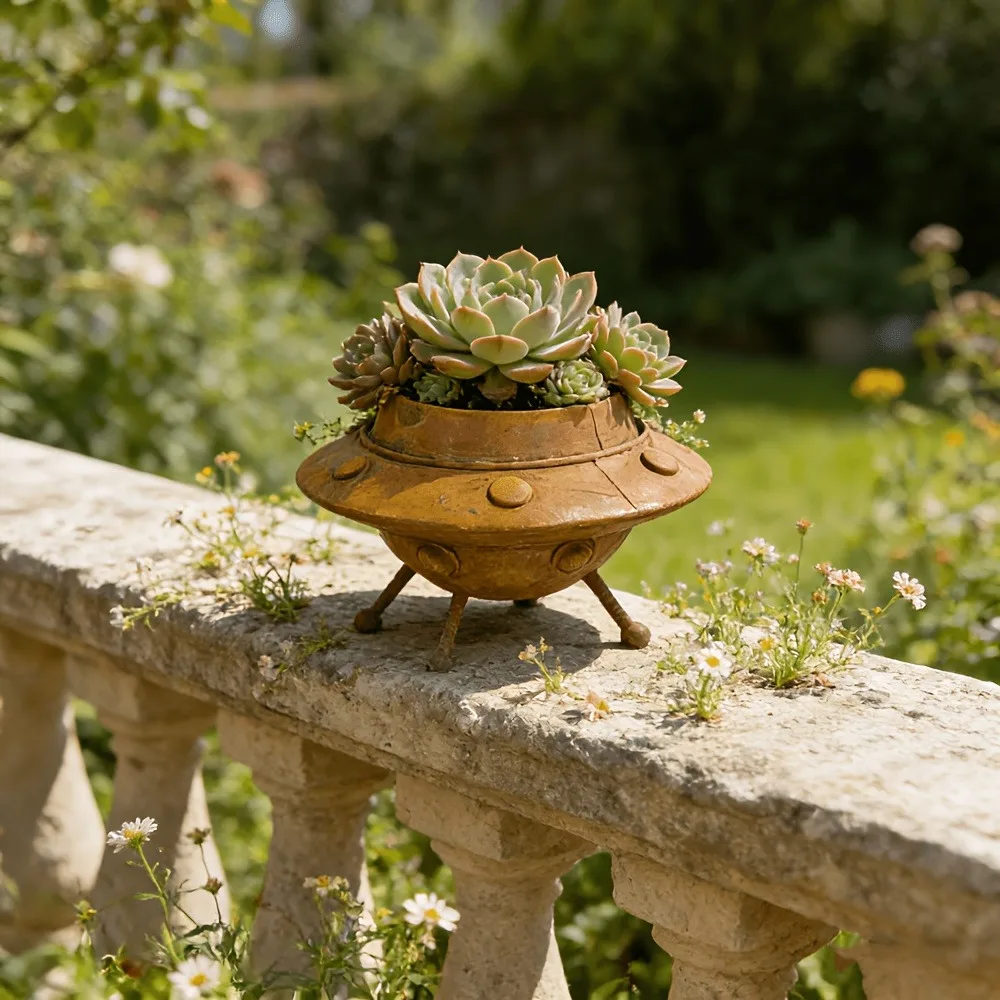 Retro Metal UFO Flower Pot with Retro Rusting Effect Succulent Plant Pot Alien Spaceship Flower Bowl Suitable Home Decoration