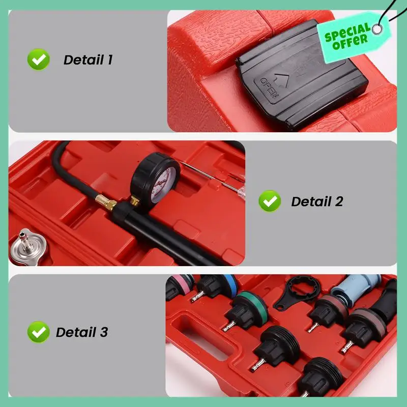 

A03G-18Pcs Universal Radiator Pressure Tester Kit, Coolant Pressure Tester Kit Coolant Vacuum Refill Kit For Cooling System