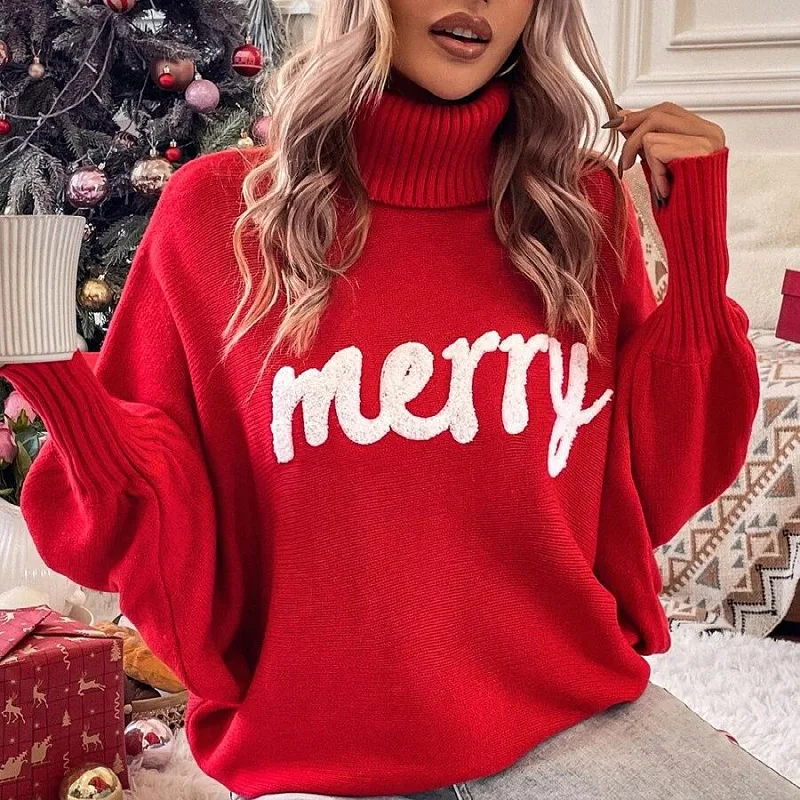 

Embroidery Merry Christmas Batwing Sleeve Sweater Loose Red Turtleneck Korean Fashion Vintage Cute Sweater Jacket Top Women 2023