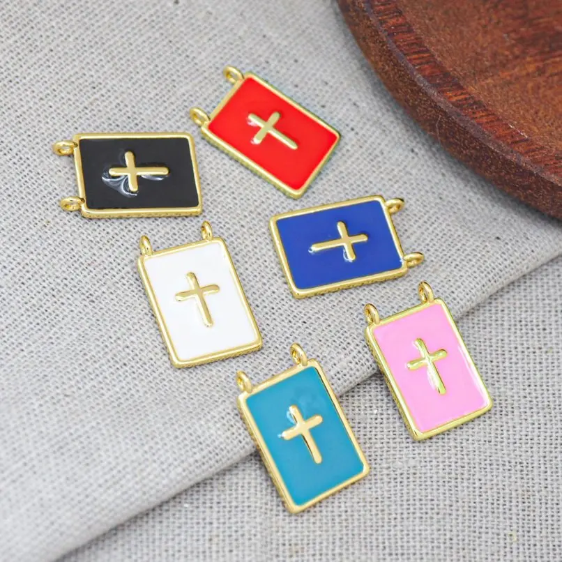 

2Pcs Gold Color Copper Charms Enamel Jesus Pendant Christian Square Rectangle Cross Crisscross Jewelry Special Gift