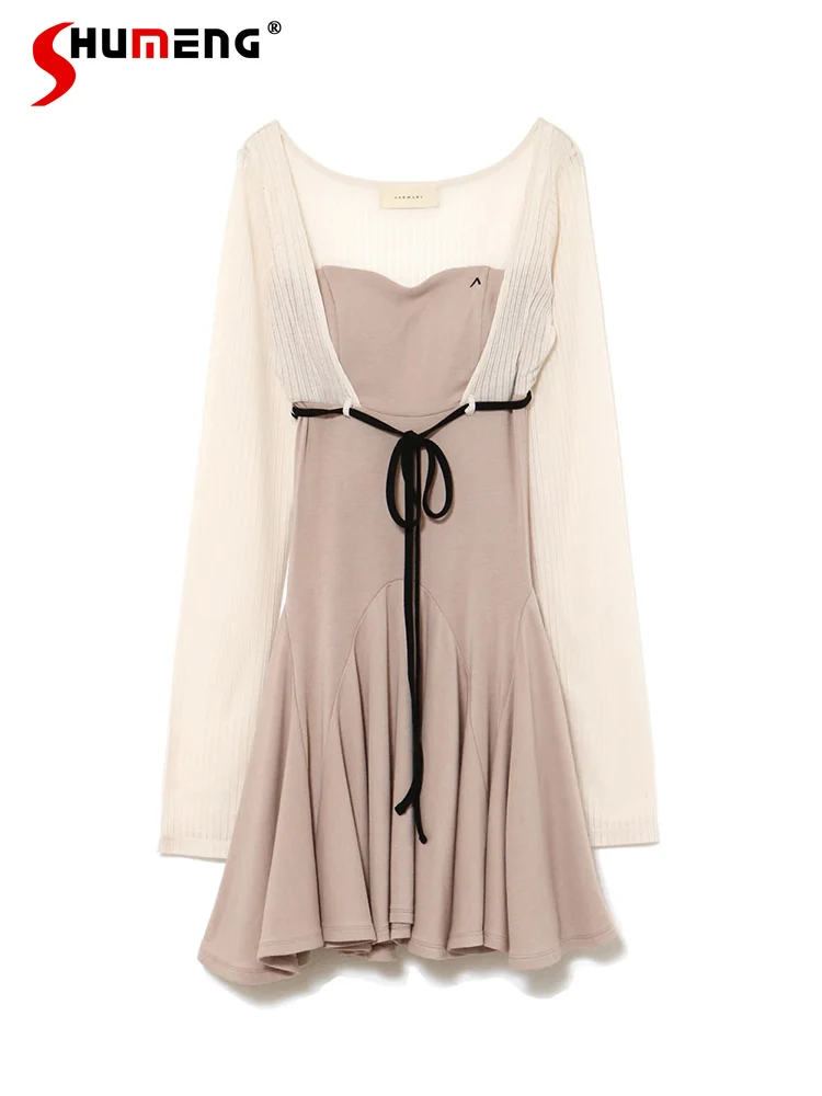 2025 النمط الياباني الحلو وهمية قطعتين فستان بكم طويل و مجموعة تي شيرتات قصيرة للأطفال الربيع والخريف الفتيات سليم صديرية دائرية فساتين صغيرة #1