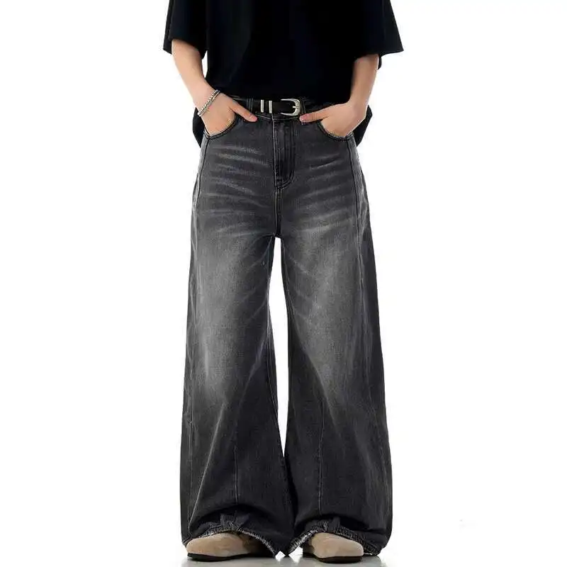 

American High KN Street Pants With Frayed Hems, Jeans, Men's And Women's Cleanfit Trendy Brand Versatile Loose Wide Leg TP8E