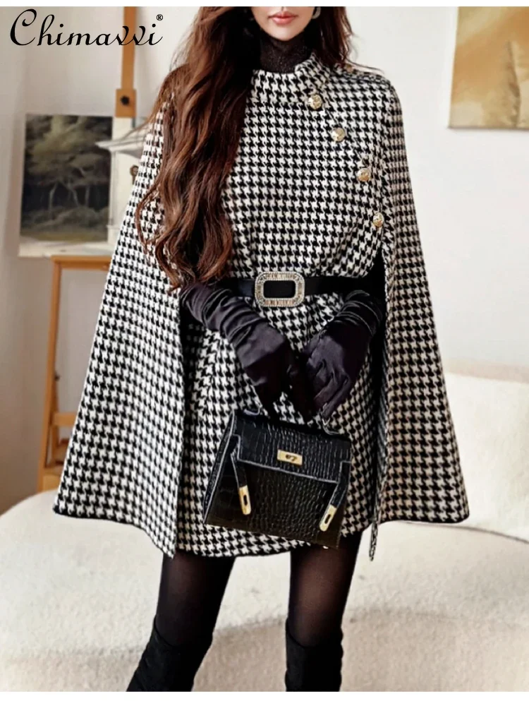 French Elegant Temperament Gold Button Plaid Belt Slim Fit Knit Cape Jacket Coats Women Autumn