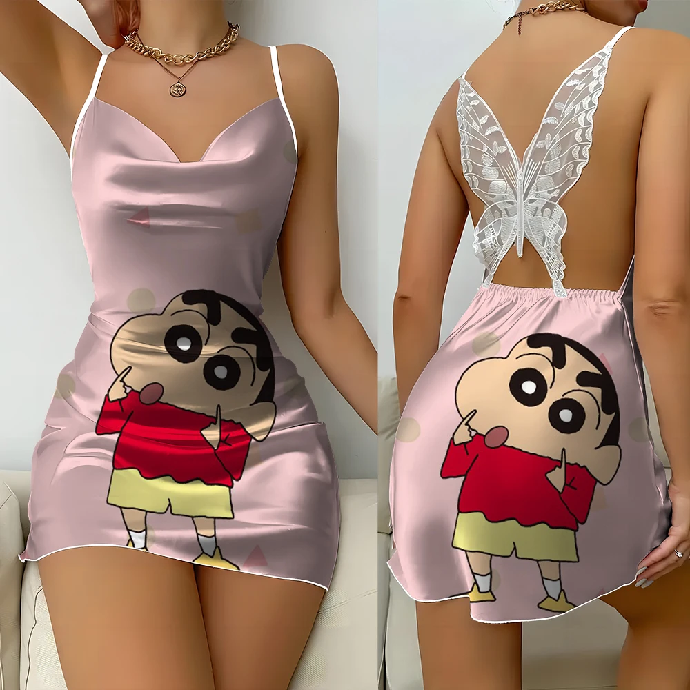 Krayon motif kartun Anime Crayon shin-chan rok suspender punggung terbuka renda kupu-kupu seksi santai dan nyaman