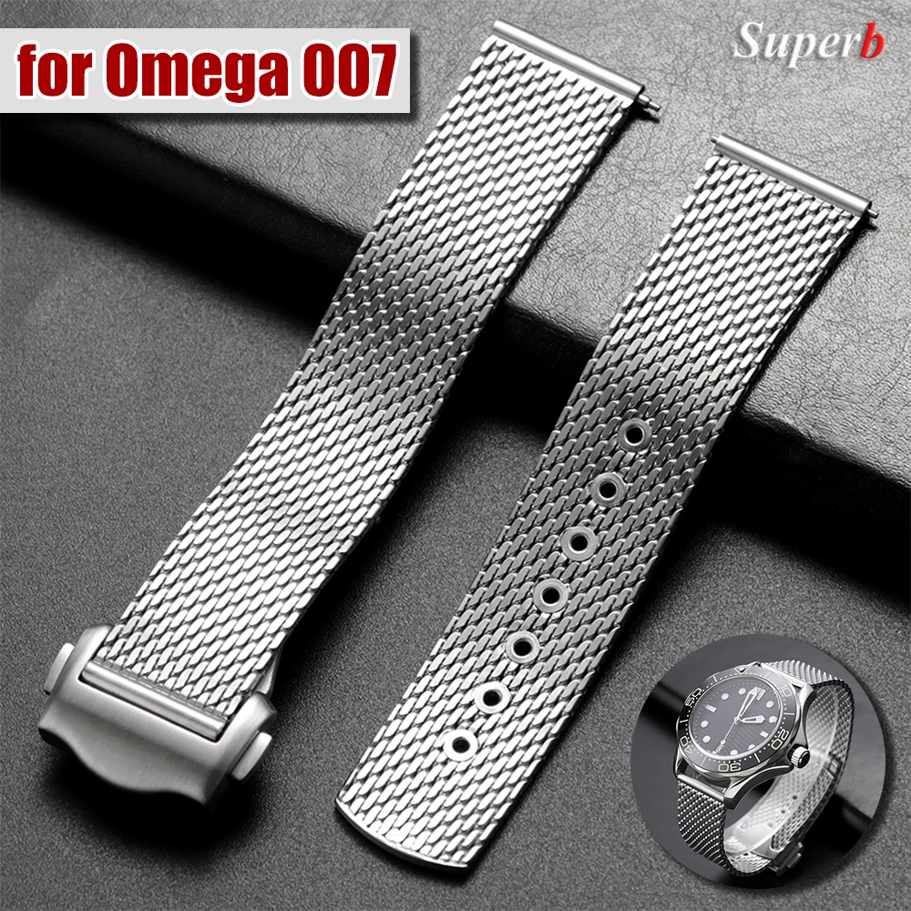 

For Omega Seamaster 007 20mm Silver Mesh Quick Release Bracelet Flat Interface Stainless Steel Watch Strap Breathable Wristband