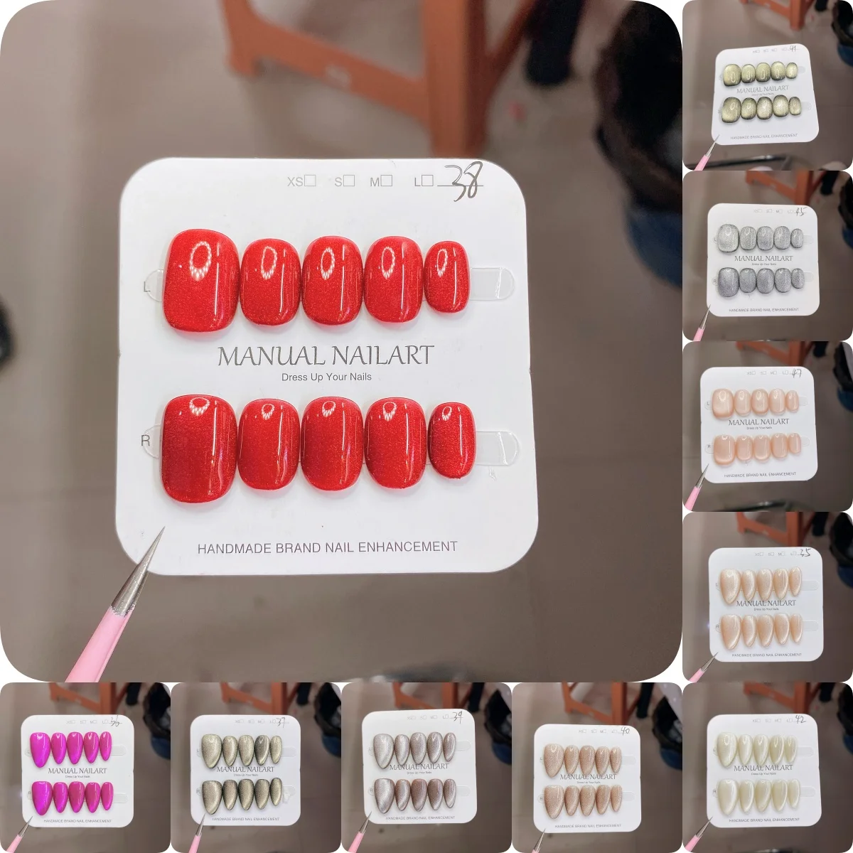 

10PCS Grey Red Full Cover Nail Tips Mid-length Almond Handmade False Nails Art Wearable Solid Color Cat's Eye Press on Fake Nail