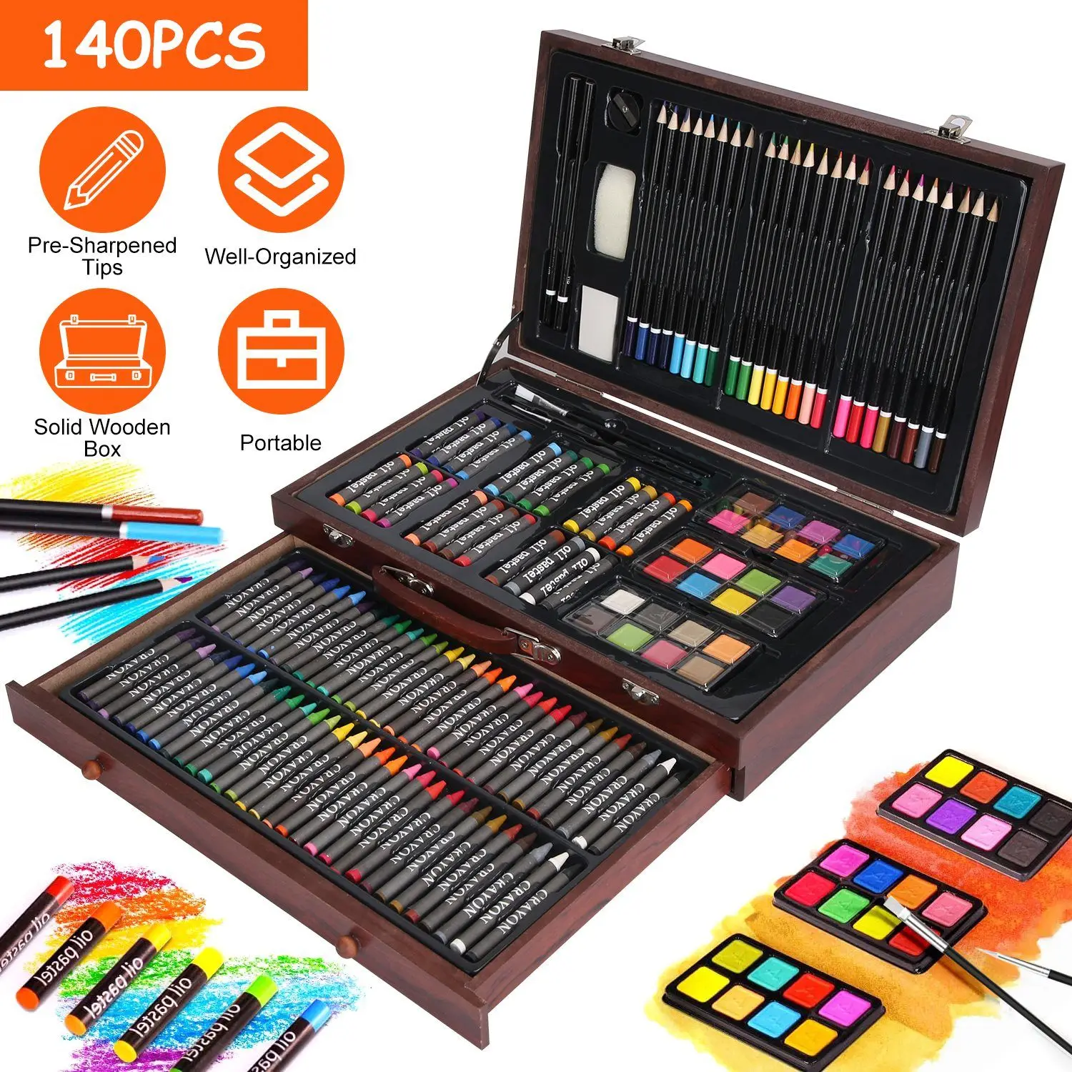 

For 140Pcs Art Supplies With Colored Pencils Oil Pastels Crayons, Watercolor Cakes Brushes Sharpener Eraser In Elegant Wooden Bo