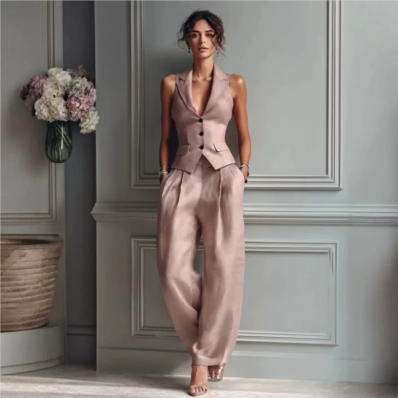 Summer Women Chic Vest Two Piece Set Fashion Single-breasted Sleeveless Top And Trousers Suit Office Ladies Suits With Pocket