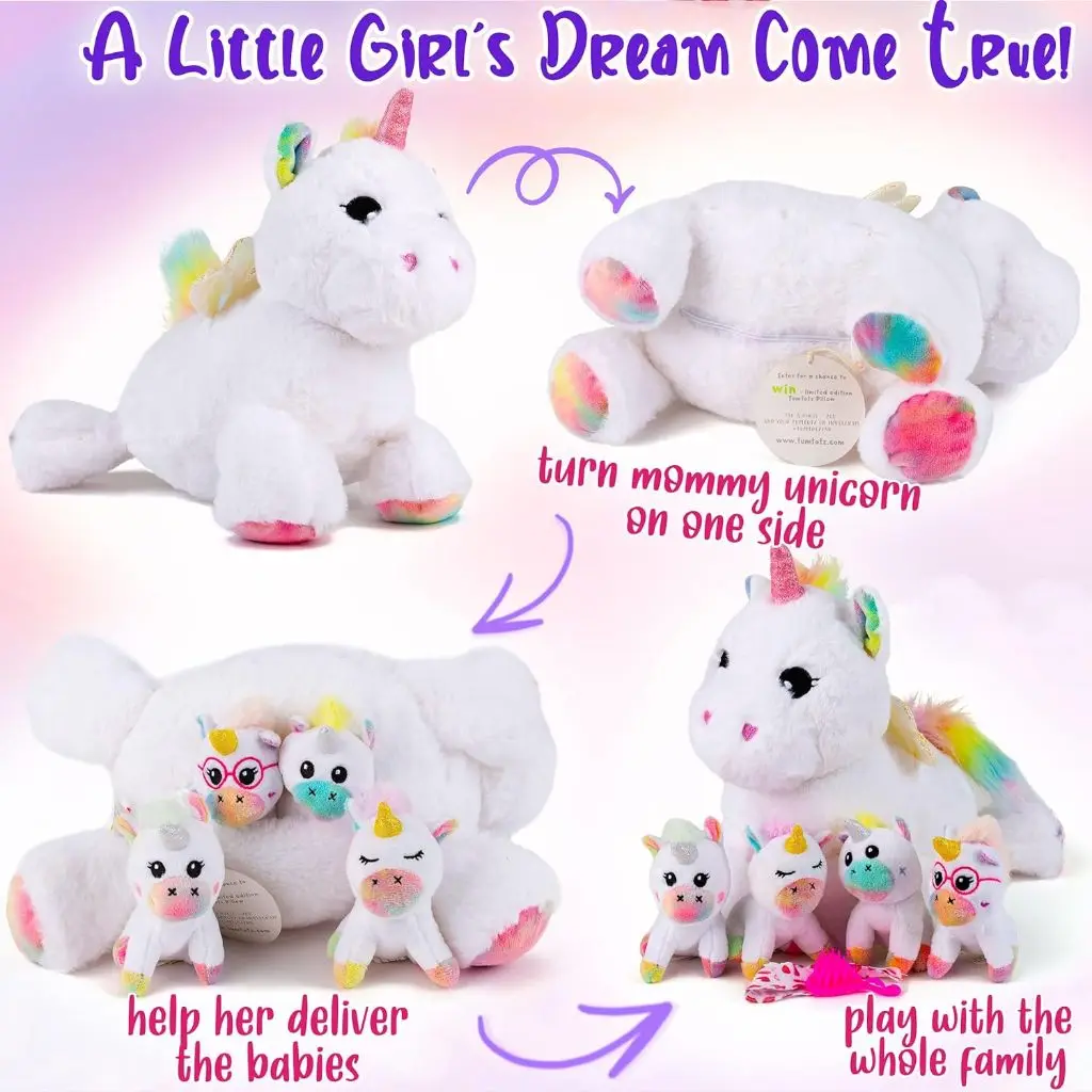 Set of 5 Unicorn Plush Toys, Rainbow Unicorn Mother and Baby Set, Soft and Delicate, PP Filled