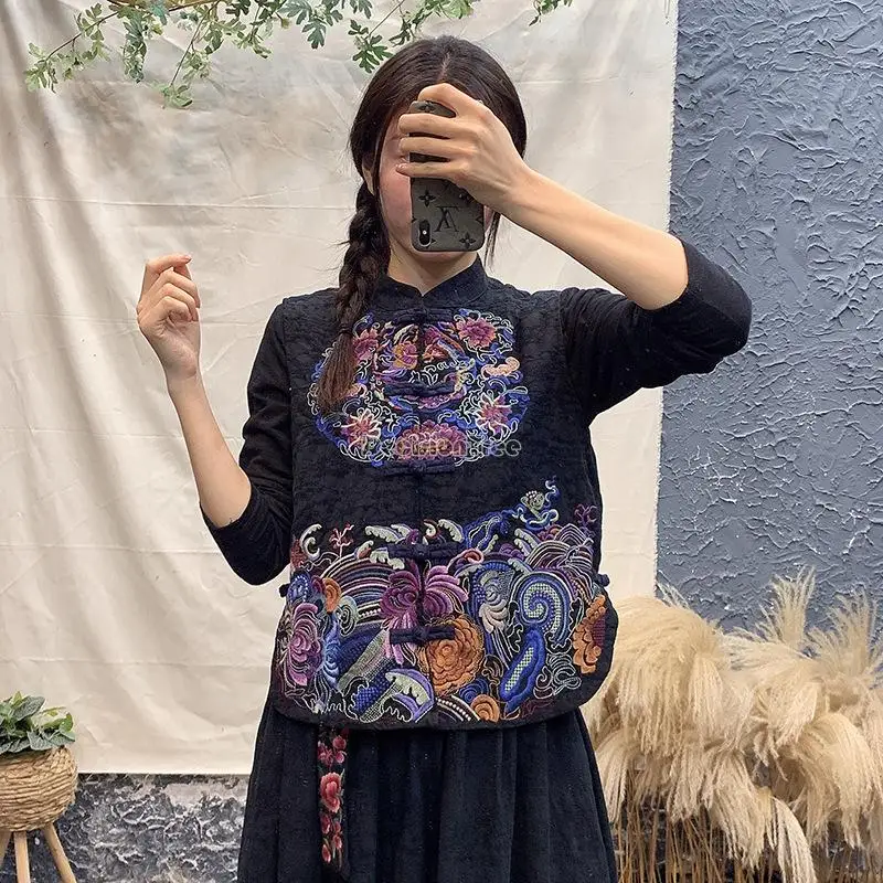 女性のための中国の刺繍が施されたノースリーブベスト,エレガントなコットンリネンベスト,中国のベスト