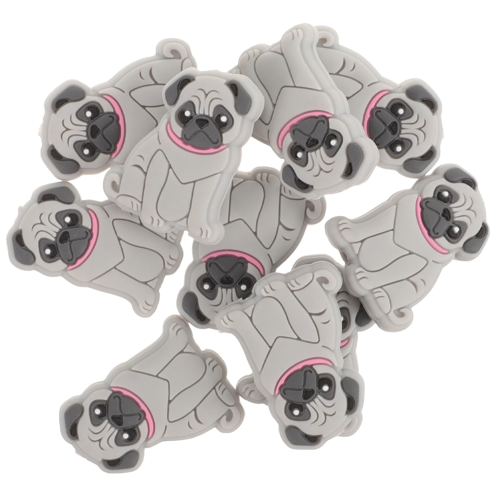 

10 Pcs Grey Silicone Pug Beads for Bracelets Spacer Keychain Making Chewable Necklace DIY Small Bulk Dog Animal