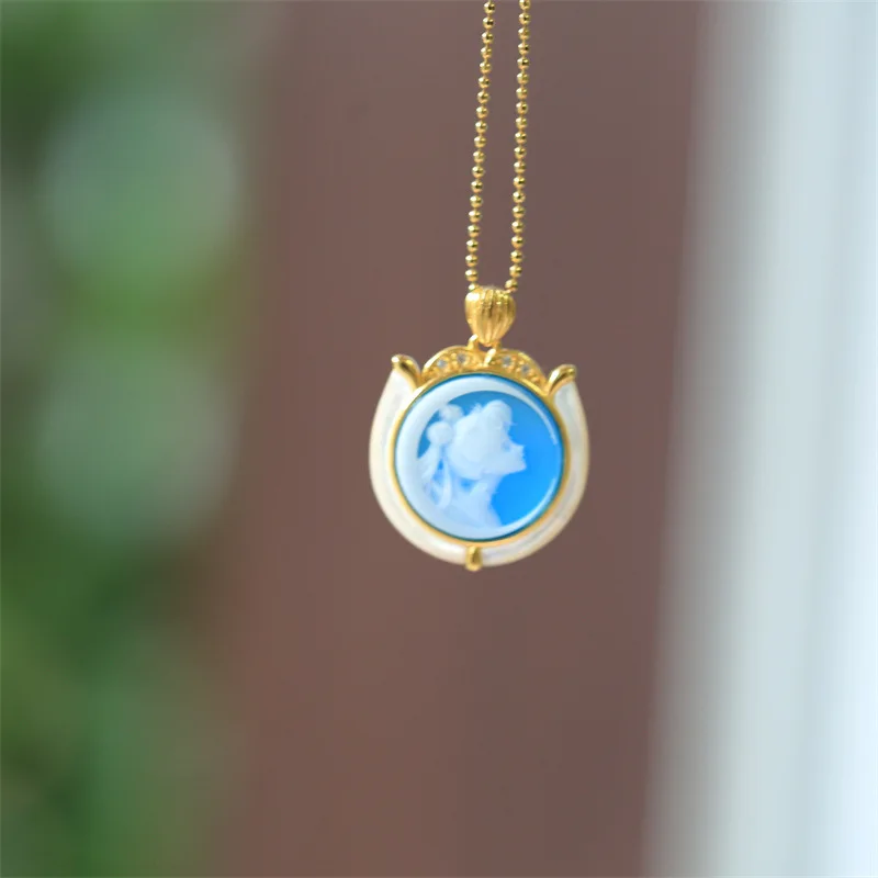 

s925Silver Inlaid Mother-of-Pearl Series Cameo Water Ice Moon Pendant Beautiful Girl Peripheral Gift with Silver Chain